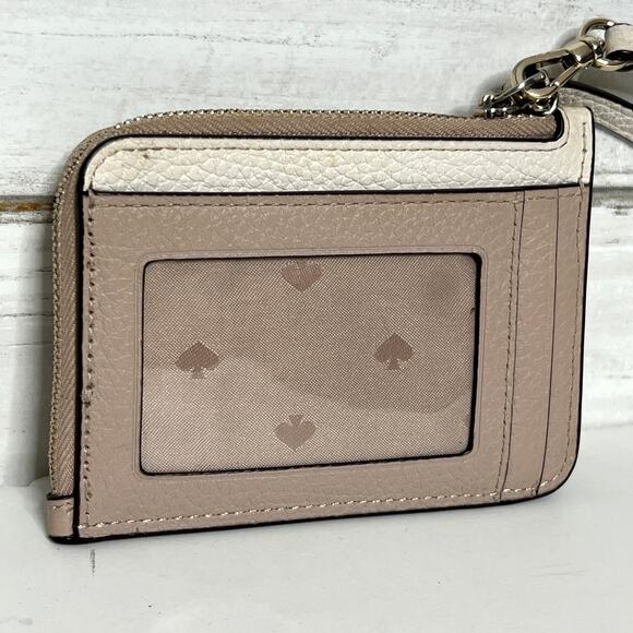 Kate Spade Pebbled Leather Card Case Wallet Zip Coin Cardholder Beige Taupe - Picture 3 of 11